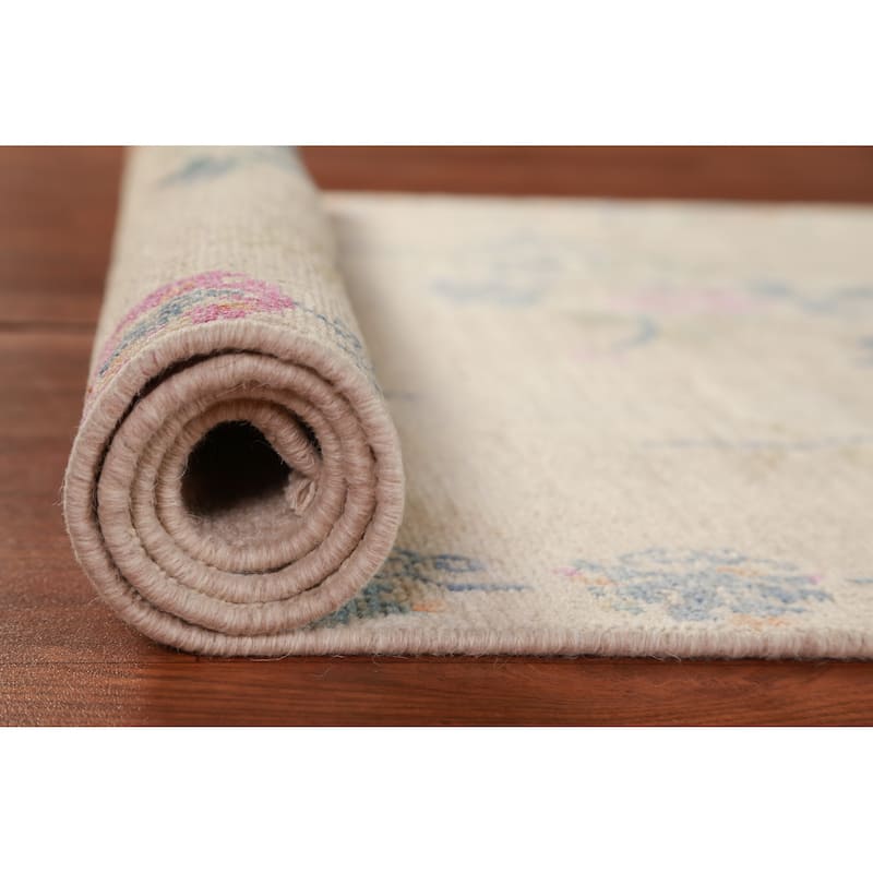 Hand Knotted Oriental 100% Wool Carpet Traditional Floral Beige & Ivories Art Deco Runner Rug - 10' 3'' X 3' 0''