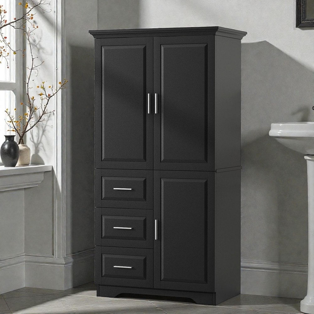 Tall Wide Storage Cabinet with Doors and 3 Drawers, Bathroom Pantry Organizer with Adjustable Shelves and Anti-Tipping Design