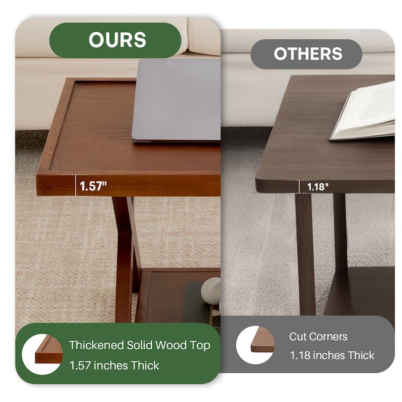 2-Tier Rectangular Solid Oak Wood Coffee Table with Cross Legs - 40.23"L x 21.17"W x 16.54"H