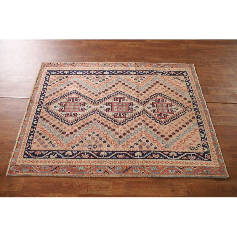 Peach / Pink Shiraz Persian Vintage Area Rug Hand-knotted Wool Carpet - 3'5"x 4'7"