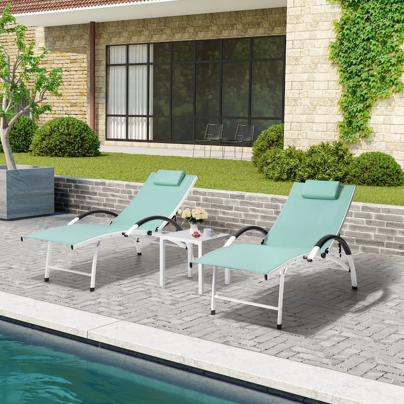 3-piece Outdoor Adjustable Aluminum Reclining Chaise Lounge Chairs with Wheels and Side Table Set