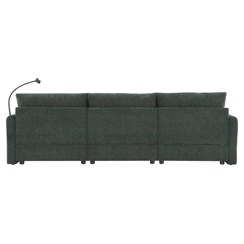96.5'' 4-Seat Chenille Sectional Sofa, Storage Ottoman, Phone Holder, USB Charger, Green