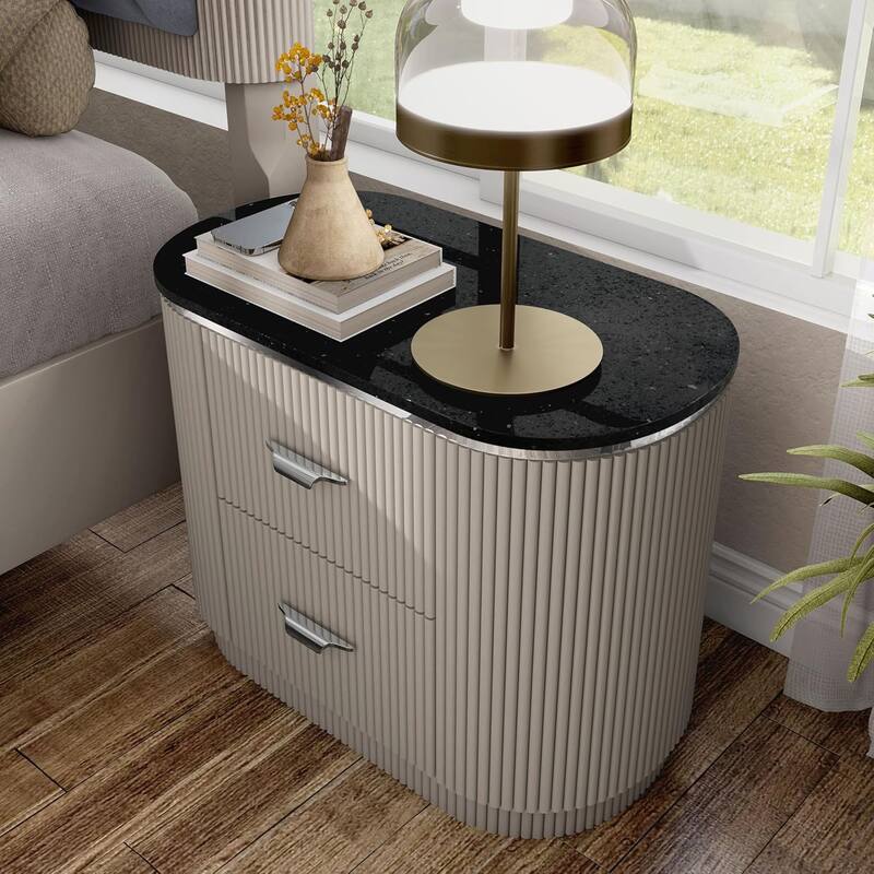 Contemporary Nightstand - Stone Top with Chrome Pulls & Light Gray Finish