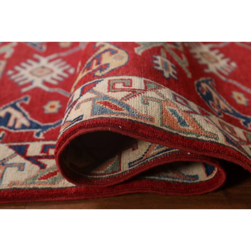 Red Geometric Kazak Oriental Traditional Wool Runner Rug Hand-knotted - 2'8" x 9'8"