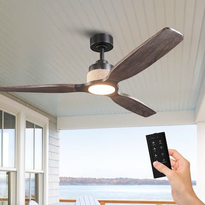 Parrot Uncle 56" Transition Black Solid Wood Jute Dimmable LED Ceiling Fan with Light and Remote