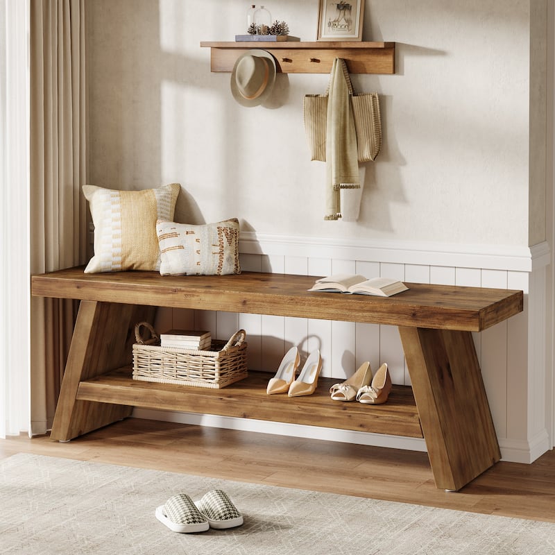 Solid Wood Entryway Bench, 2-Tier Shoe Bench with Open Shelves