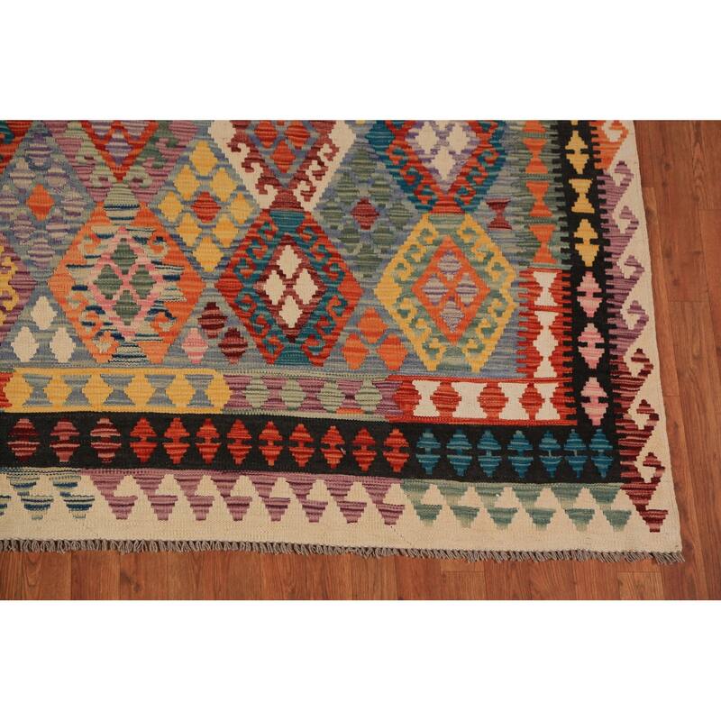 All-Over Geometric Kilim Oriental Area Rug Flatweave Wool Carpet - 8'10"x 11'2"