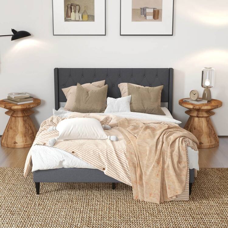 Upholstered Platform Bed with Button Tufted Wingback Headboard