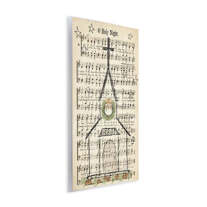 Stupell Festive Winter Church Holy Night Musical Script Wood Wall Art