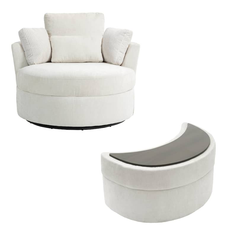 Upholstered Swivel Accent Chair with Wooden Tray Storage Ottoman