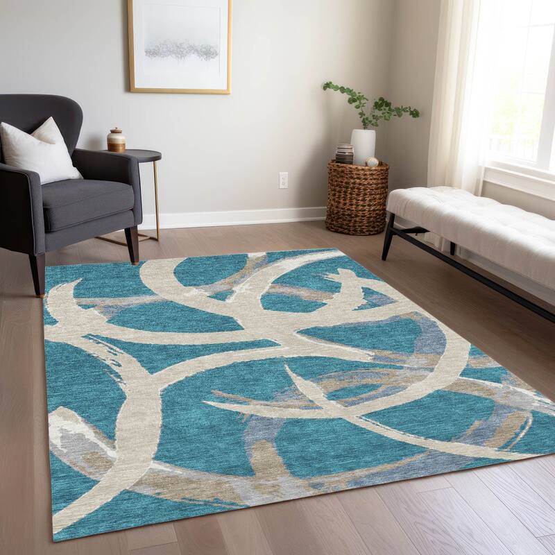 Machine Washable Indoor/ Outdoor Abstract Contemporary Chantille Rug
