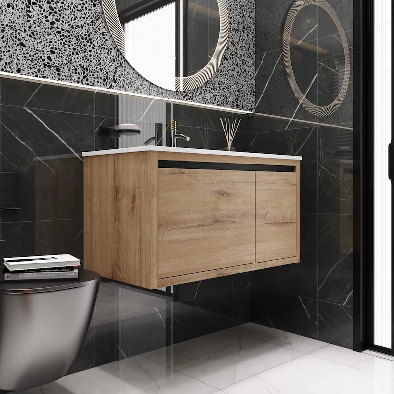 36 Inch Wall Mounted Plywood Bathroom Vanity Set with Integrated Gel Basin and Door