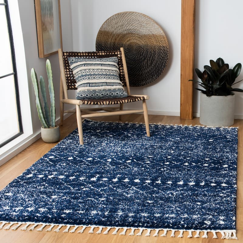 SAFAVIEH Berber Fringe Mirveta Liller Trellis Area Rug - 5' x 7' - Dark Blue/Ivory