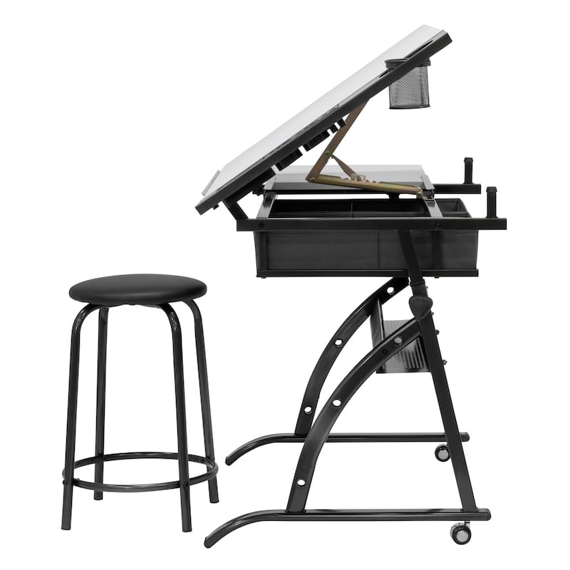 Core Craft Center, 2 piece Drawing, Drafting and Craft Table with Stool, Gunmetal-Gray/White
