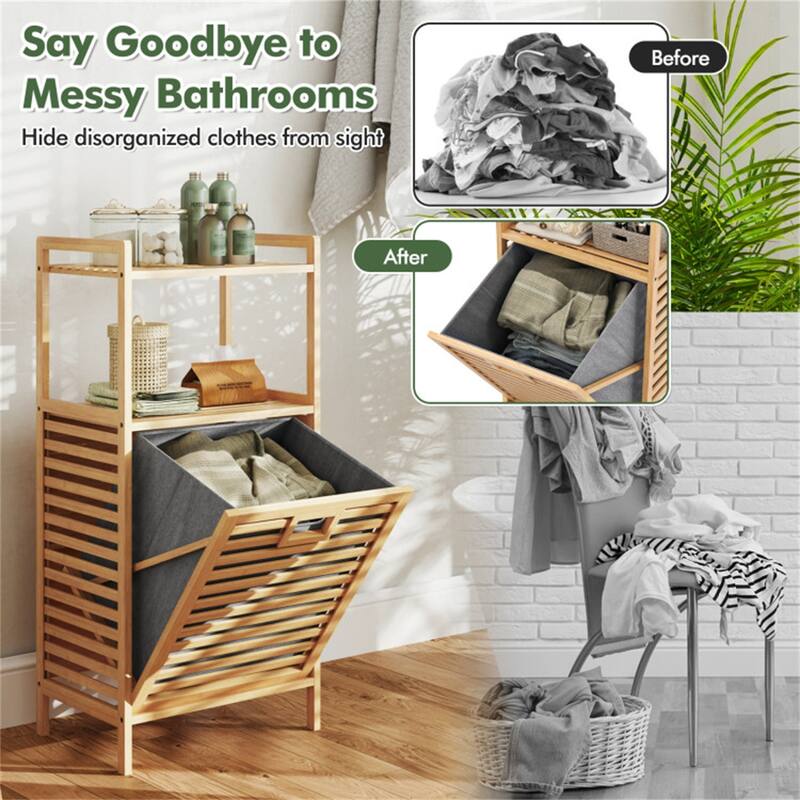 Wicker Tilt-Out Laundry Hamper with Shelves Removable Basket & Storage Natural and Gray - 18" × 13" × 38"