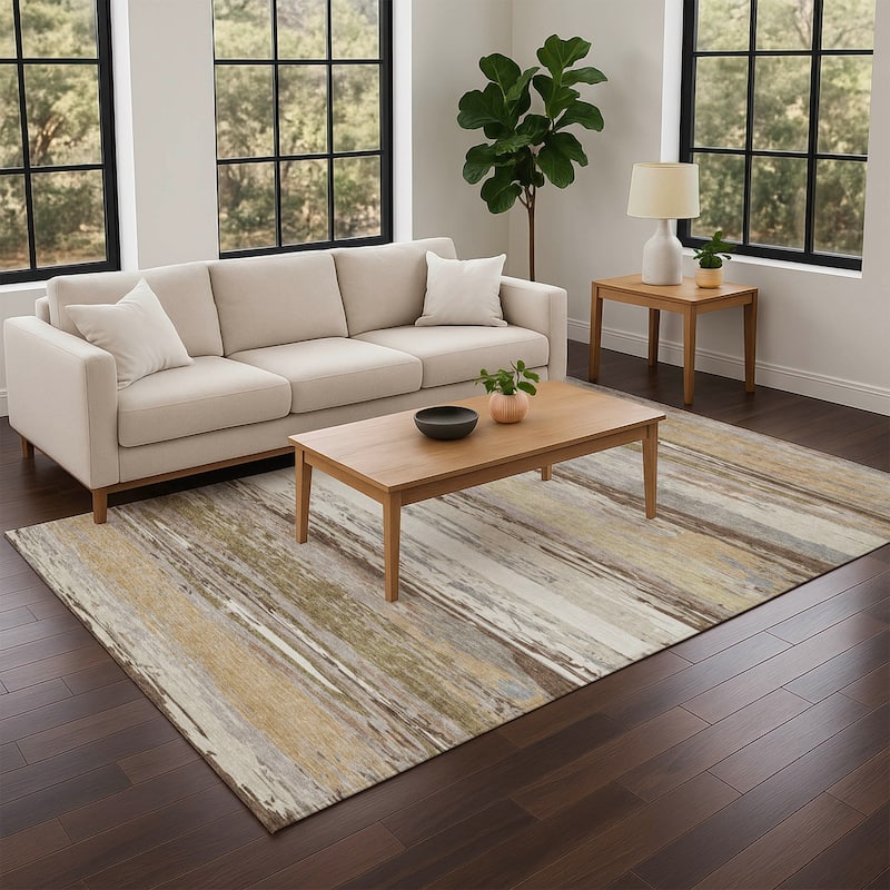 Machine Washable Indoor/ Outdoor Abstract Stripes Chantille Rug