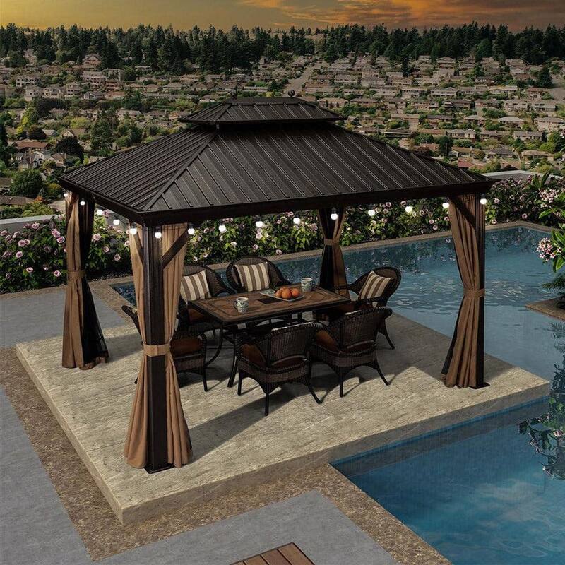 PURPLE LEAF Outdoor Gazebo Aluminum Frame Galvanized Steel Hardtop Gazebo with Bulbs