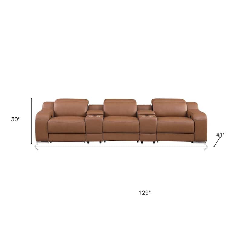 HomeRoots 129" Chestnut Italian Leather Reclining USB Sofa