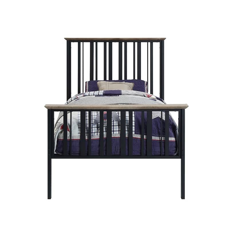 Metal Size Bed in Antique Oak and Black Finish