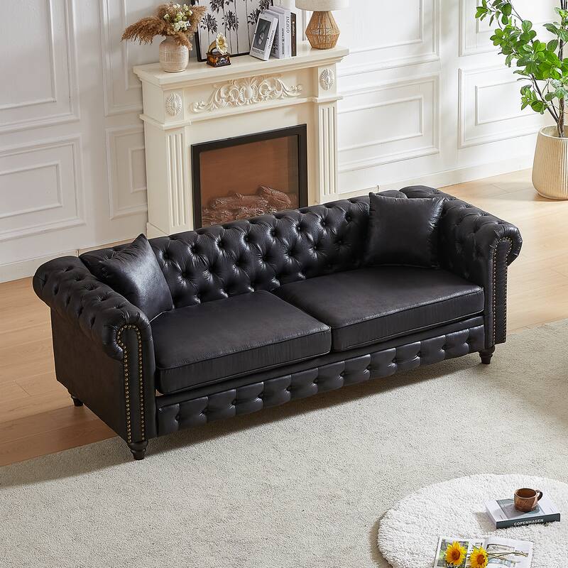 Chesterfield 85.5" Tech Fabric 3-seater Sofa with Cushions - Black