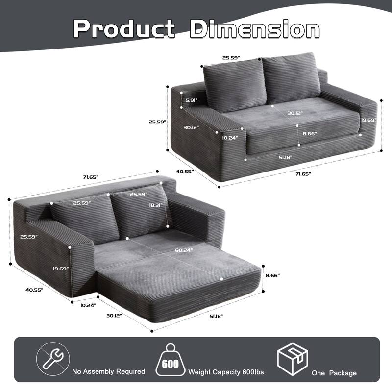 Floor Corduroy Deep Seat Loveseat Sofa with Folding Mattress Convertible Sleeper Sofa Bed with Reversible Cushion and Pillows