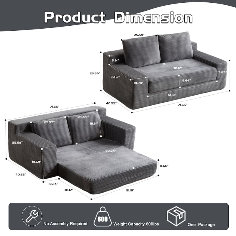Loveseat Sofa Bed with Reversible Cushions - Deep Seat Corduroy Couch, No Assembly Required for Bedroom/Living Room