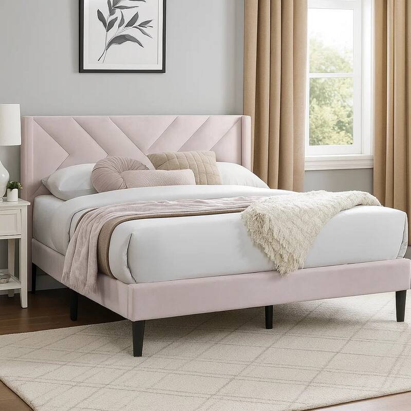 Niasa Full Size Bed, Chevron Tufted Pink Velvet Upholstered Foam