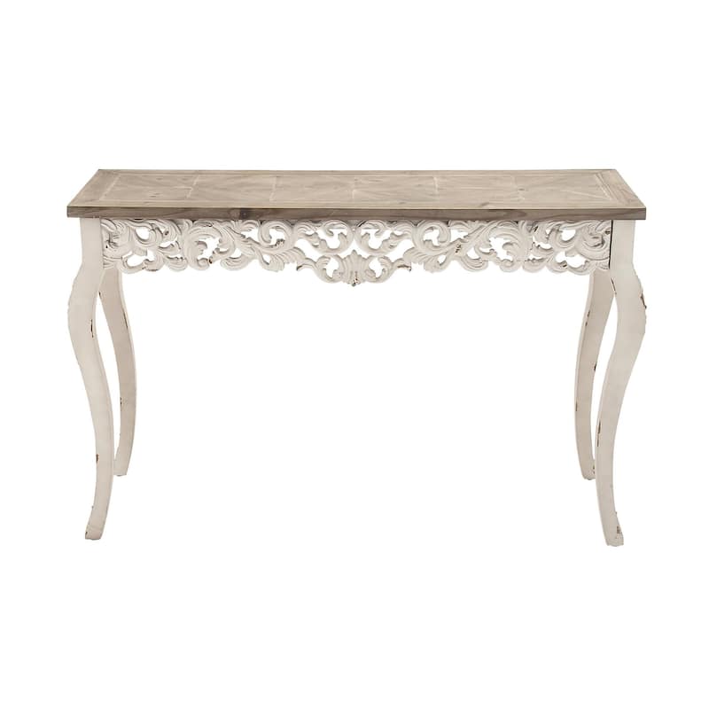 Wood Scroll Intricately Carved Console Table with Brown Wood Top - White - Roche River Decor - White