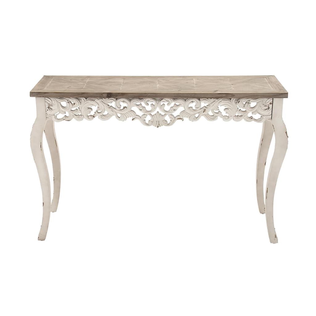 Wood Scroll Intricately Carved Console Table with Brown Wood Top - White - Roche River Decor