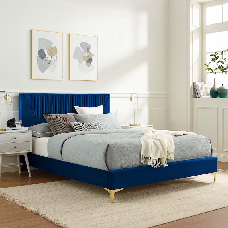 Yasmine Channel Tufted Performance Velvet Queen Platform Bed - Blue