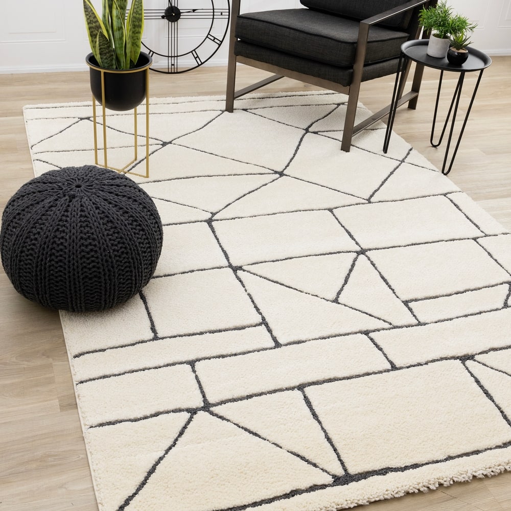 Teagan Collection - Cream Black Geometric Lattice Area Rug