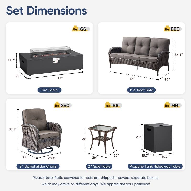 Pocassy Outdoor Sofa Swivel Chair Set with Fire Pit Table