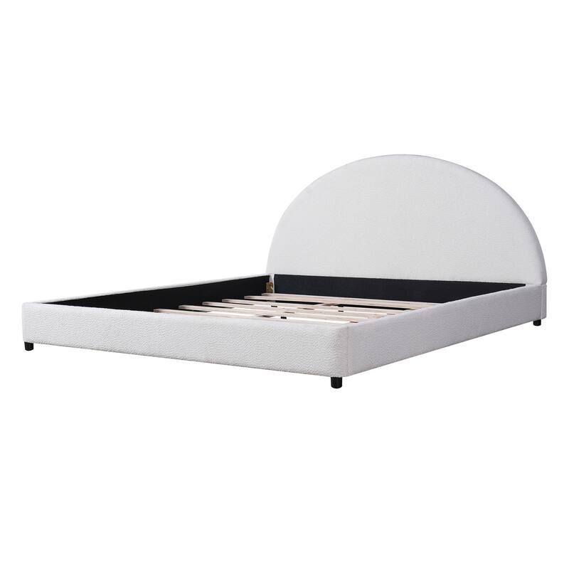 Upholstered Bed with Round Curved Headboard Wingback Bed, White Boucle Platform Bed Frame