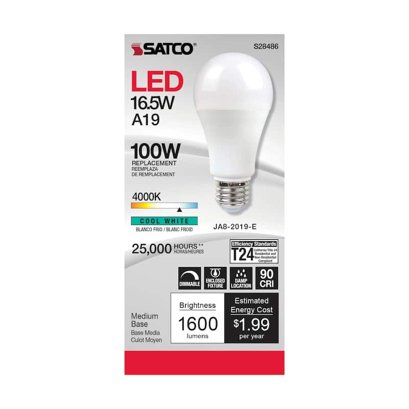 16.5 Watt A19 LED 90CRI 4000K Medium base 220 deg. Beam Angle 120 Volt 1600 Lumens CEC - White - N/A