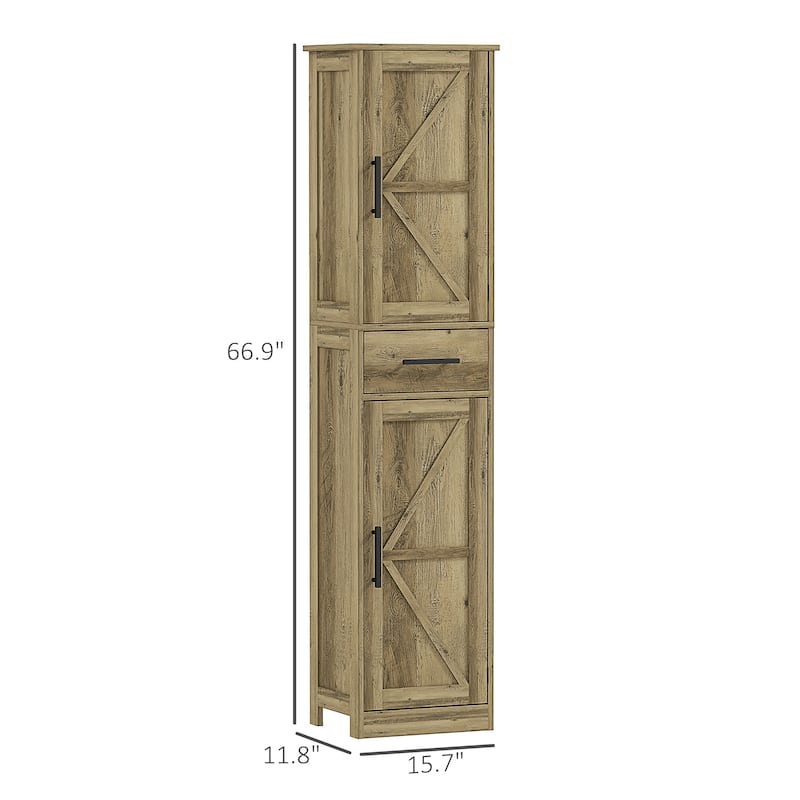 Distressed Grey MDF Tall Bathroom Cabinet with Barn Doors and Drawer - 15.7" L x 11.8" W x 66.9" H
