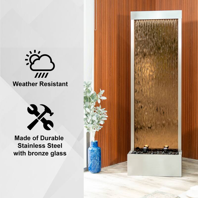 68 in H Freestanding Waterfall Fountain w/ Decorative Rocks LED, Auto-Shut Off Pump Stainless Steel/Bronze Glass, Silver Frame