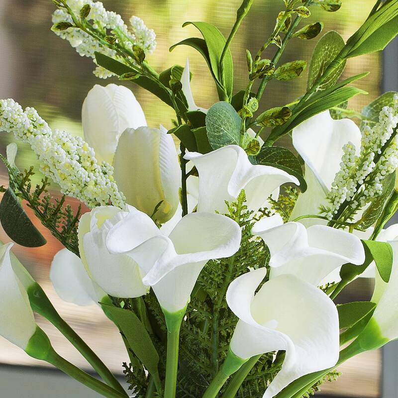 Enova Home Mixed Artificial Cream Real Touch Tulip and Lily Fake Silk Flowers Arrangement in Clear Glass Vase for Home Decor