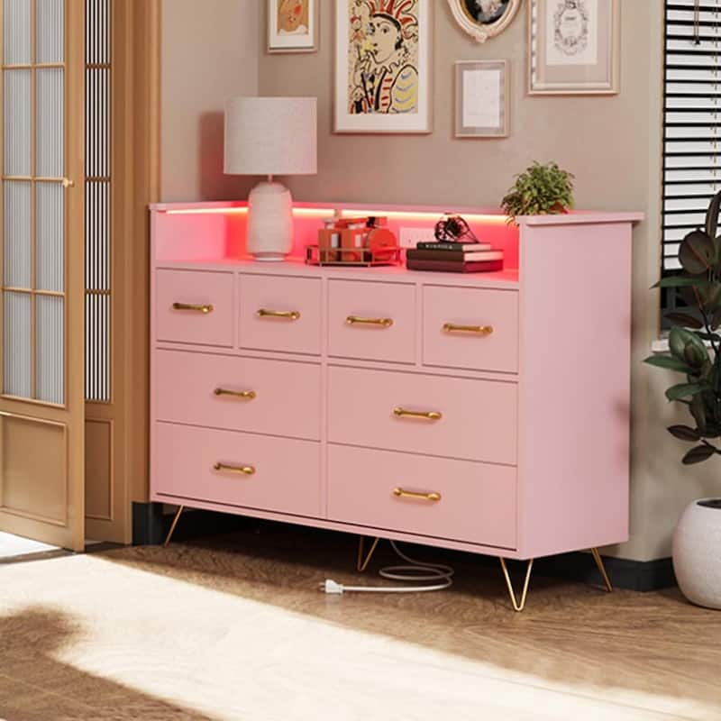 8 Drawer Dresser for Bedroom with LED Light, Charging Station & Open Shelf