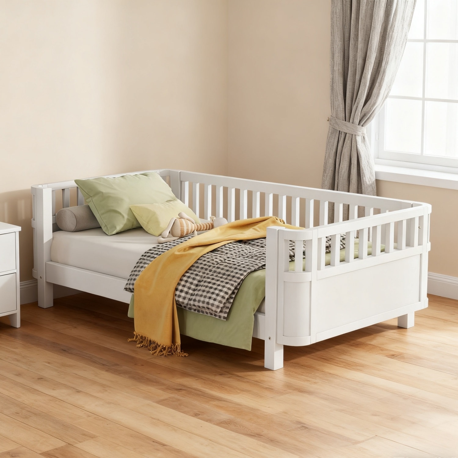 Full or Twin Size Wood Low Profile Kids Platform Bed Frame with Rails