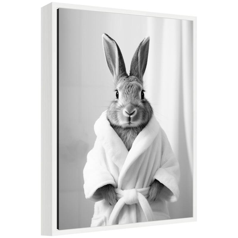 Kate and Laurel Sylvie Bunny Bathroom Art Towel Robe Black and White Framed Canvas by The Creative Bunch Studio - 18x24 - White