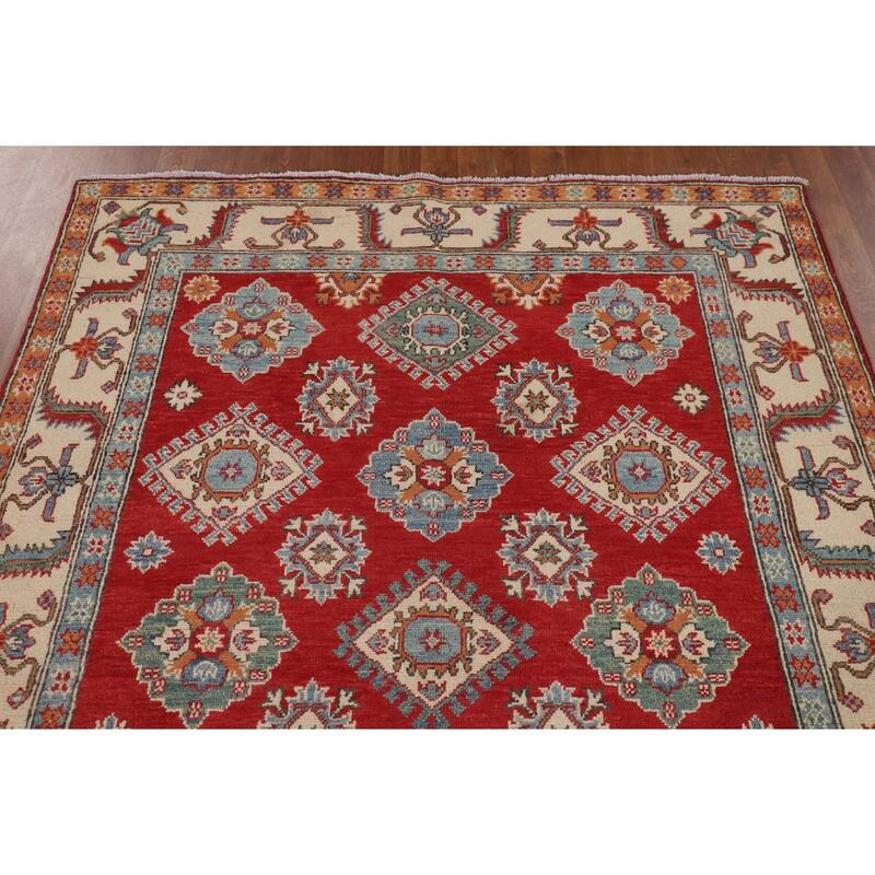 Geometric Red Kazak Oriental Area Rug Handmade Bedroom Wool Carpet - 5'0" x 6'9"