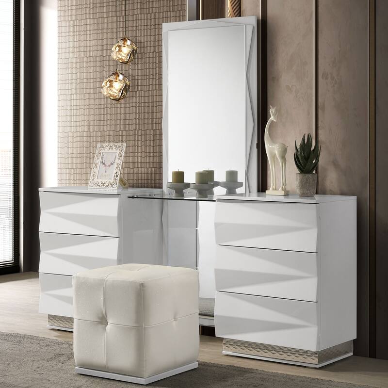 Furniture of America Emrix Modern 2-Piece White 6-Drawer Vanity Set with LED Light and Full-Length Mirror