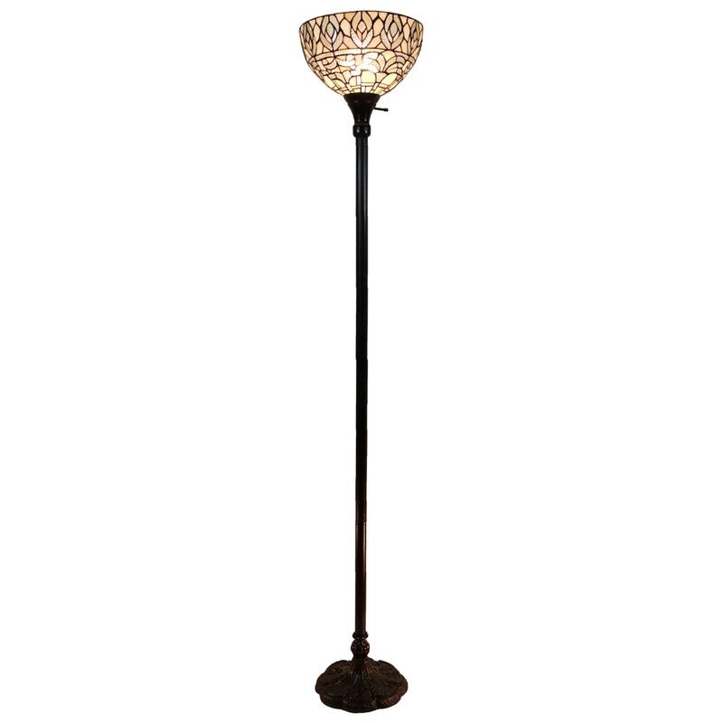 Brown Metal Torchiere Floor Lamp with White Stained Glass Dome Shade - 12” x 12” x 62” (D x W x H)