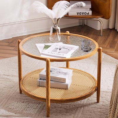 VINGLI Double-Layered Round Water Ripple Glass with Heat Transfer Wood Grain Iron Frame Coffee Table