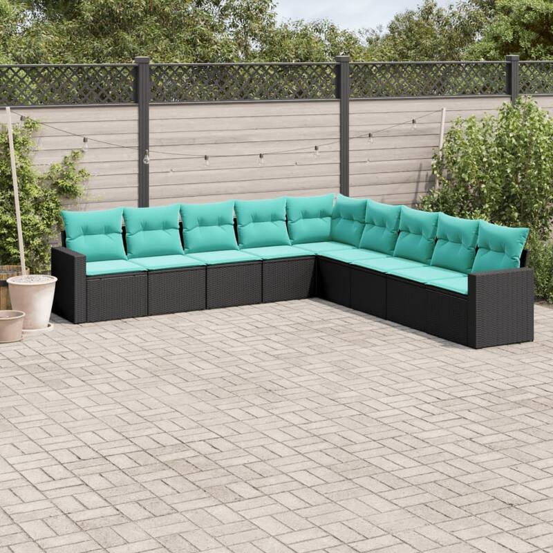 vidaXL 9/10 Piece Patio Sofa Set with Cushions Black Poly Rattan - 24.4" x 24.4" x 27.2" - Black and blue-Without table