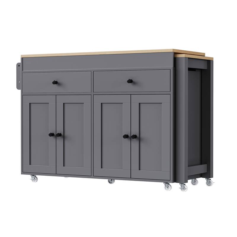 74.5″ Rolling Kitchen Island Cart with Extendable Table, Spice Rack & 2 Drawers