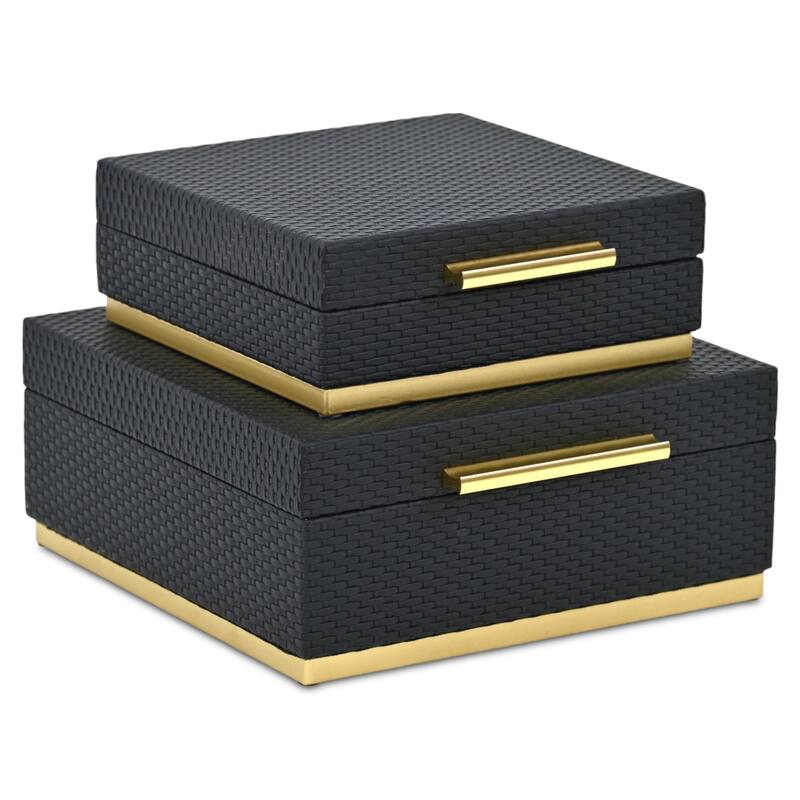 Tamsin Set of 2 Square Decorative Storage Boxes - Wicker Weave Pattern with Gold Hardware