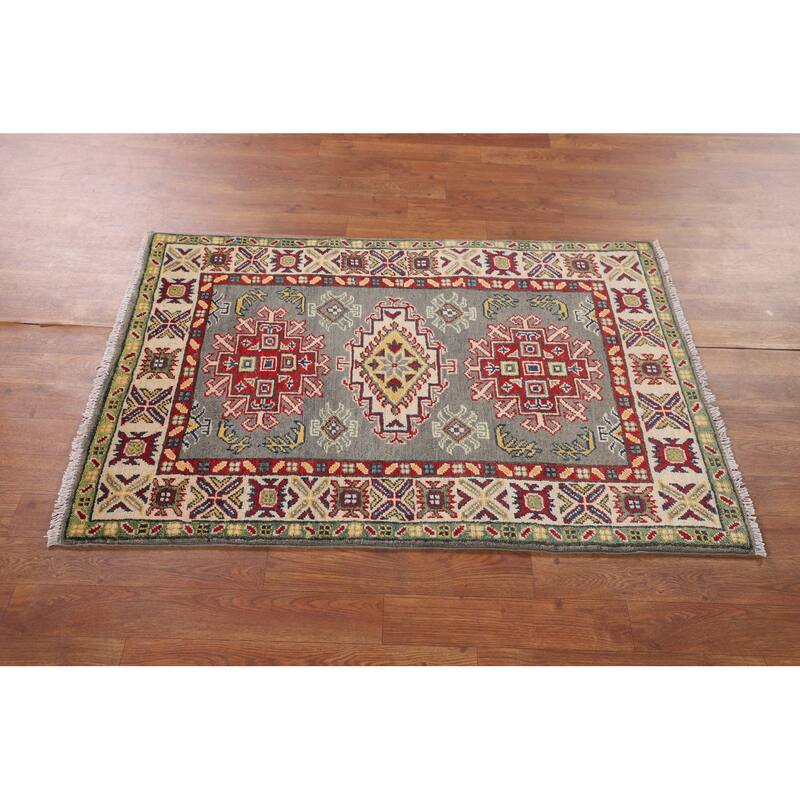 Grey Traditional Kazak Accent Rug Hand-Knotted Wool Carpet - 2'8" x 3'11"