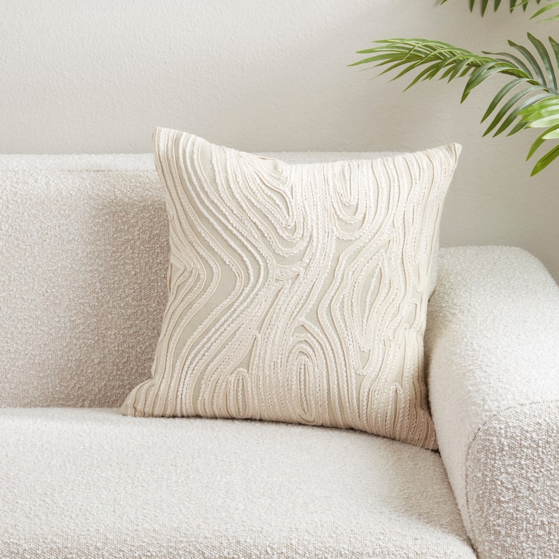 Embroidered Wave Cotton Throw Pillow - Textured Swirl Stitch Design for Sofa, Bed & Accent Styling, 18"x18"
