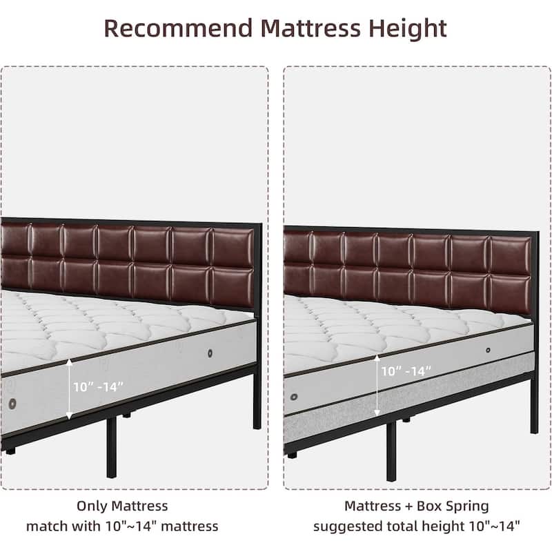 Faux Leather Platform Bed Frame with Upholstered Square Stitched Headboard